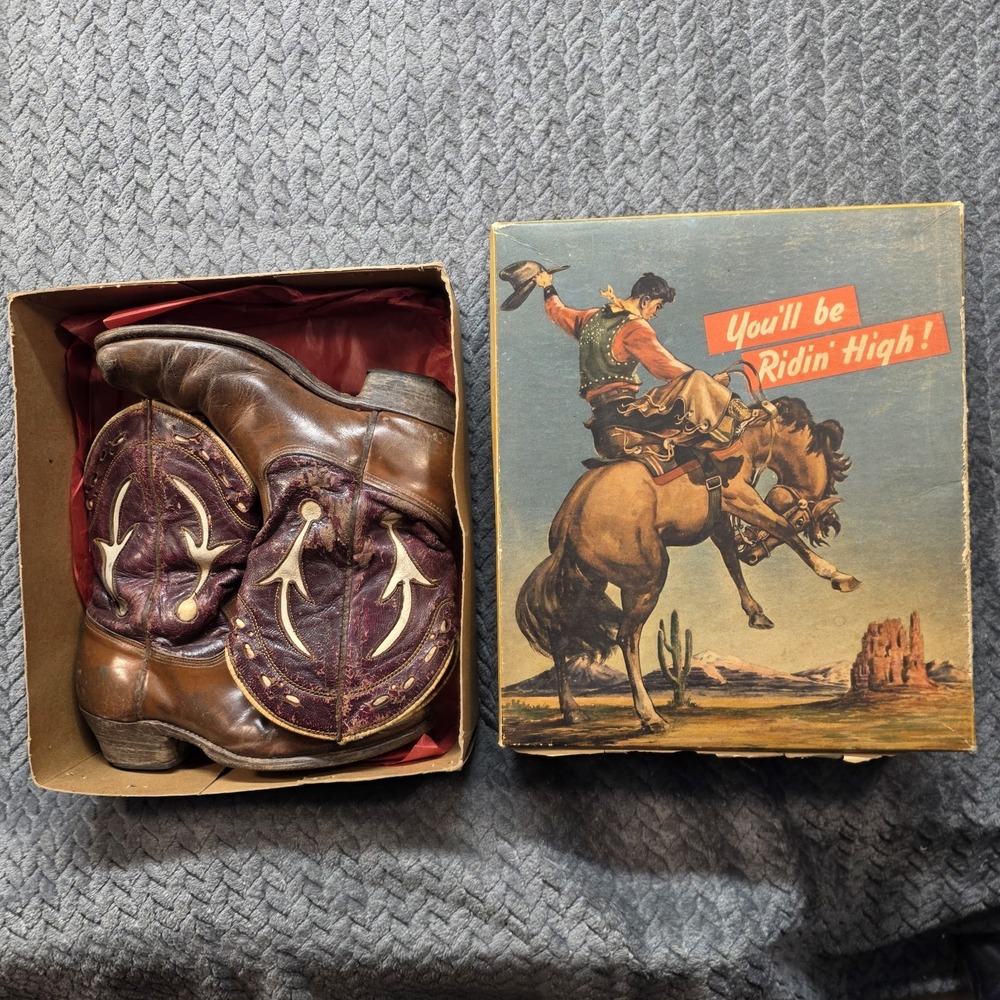 Vintage 1950s Acme Kids Cowboy Boots Size 1D Leather Inlay Original Box